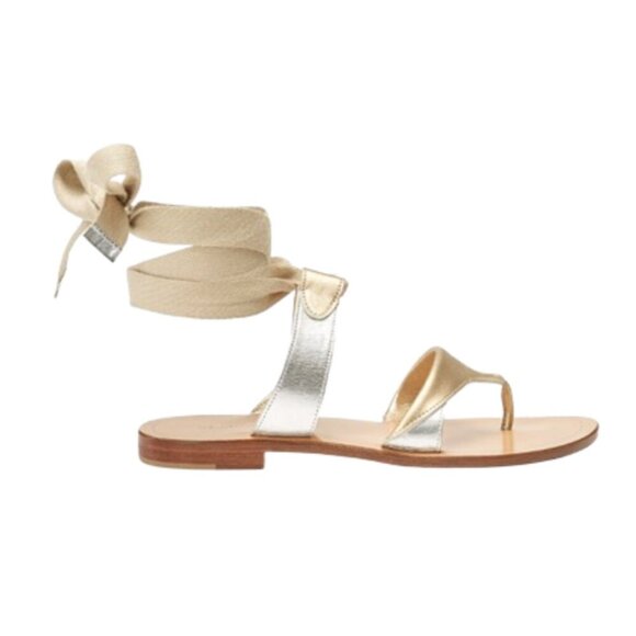 Sarah Flint Grear Gladiator Sandals Womens 37 7 Silver Gold Leather Lace Up - Picture 12 of 12